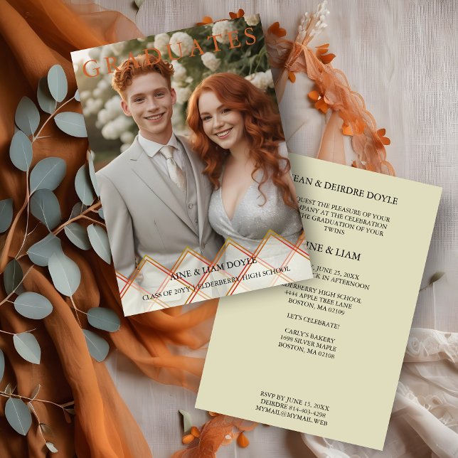 Red Orange Overlay Transparency Shapes Photo Grads Inbjudningar (Red Orange Shades Overlay Transparency Shapes Photo Two Graduates Invitation.)