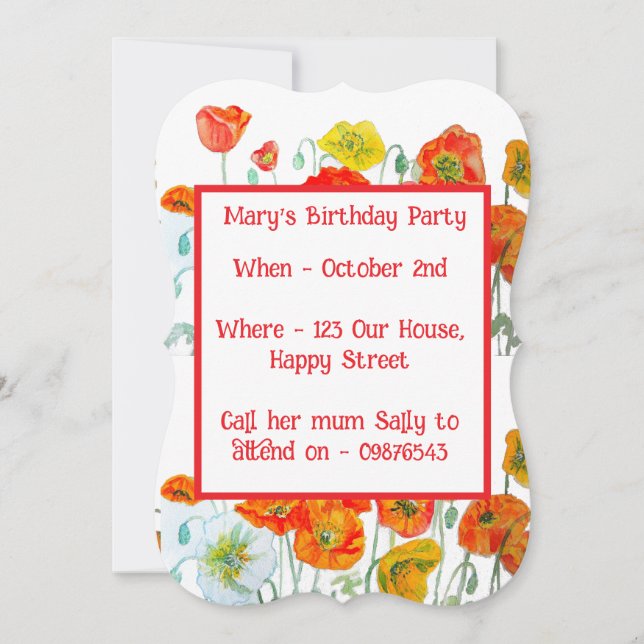 Red Orange Poppies Floral Girl Birthday Invitation Inbjudningar (Framsida)