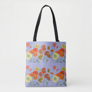 Red Orange Poppy Poppies Blommigt lila Lilac Tygkasse