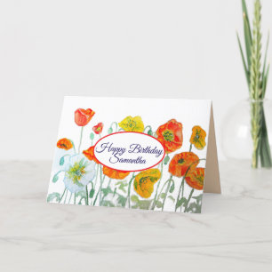 Red Orange Poppy Watercolor Art Birthday Card Kort