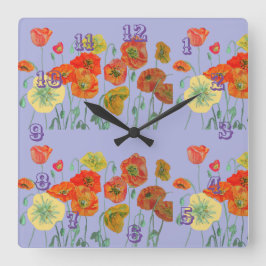 Red Orange Poppy Watercolor Pastel Lila Clock Fyrkantig Klocka