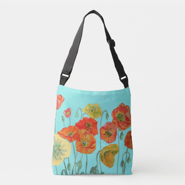 Red Orange Shabby Poppy Crossbody Bag Aqua Blommig Axelväska (Framsida)