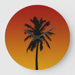 Red Orange Sunset Handflatan Träd Tropical Clock Stor Klocka