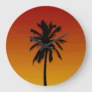 Red Orange Sunset Handflatan Träd Tropical Clock Stor Klocka