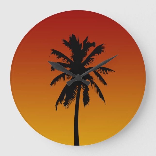 Red Orange Sunset Handflatan Träd Tropical Clock Stor Klocka (Framsida)