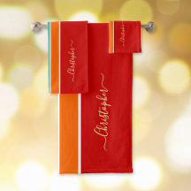 Red Orange Teal Tävla Rand Faux Guld Monogram