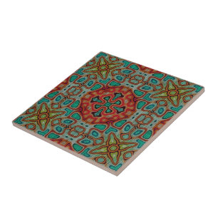 Red Orange Turcos Blue Grönt Ethnic Tribe Art Kakelplatta