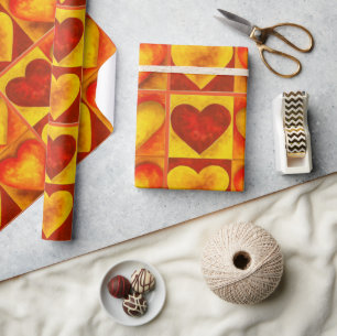 Red Orange Watercolor Painting Hearts Kärlek Presentpapper