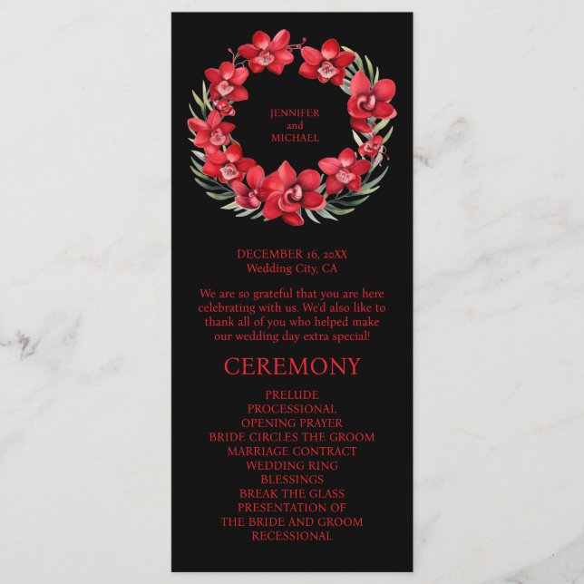 Red Orchids Bröllop Ceremony-programmet Program (Framsida)