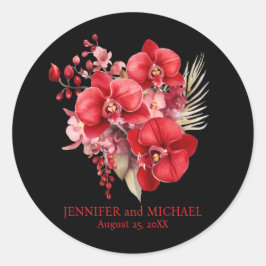 Red Orchids Flower Blommigt Bröllop Runt Klistermärke