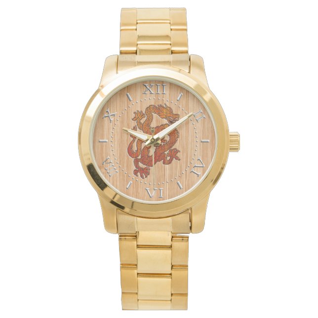 Red Oriental Dragon on Bamboo stil Dial Armbandsur (Framsida)