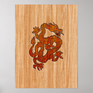 Red Oriental Dragon on Bamboo style Poster