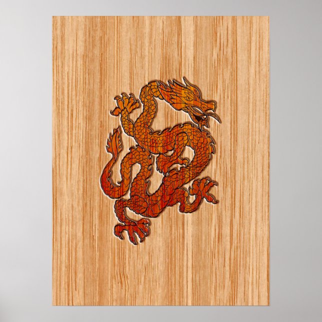 Red Oriental Dragon on Bamboo style Poster (Framsidan)