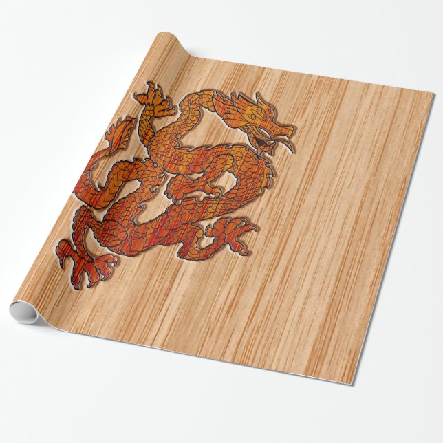 Red Oriental Dragon på Bamboo stil Presentpapper (Utrullad)
