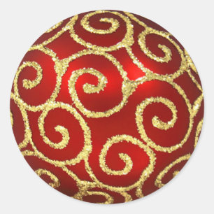 Red Ornament med Guld Swirls Sticker Runt Klistermärke