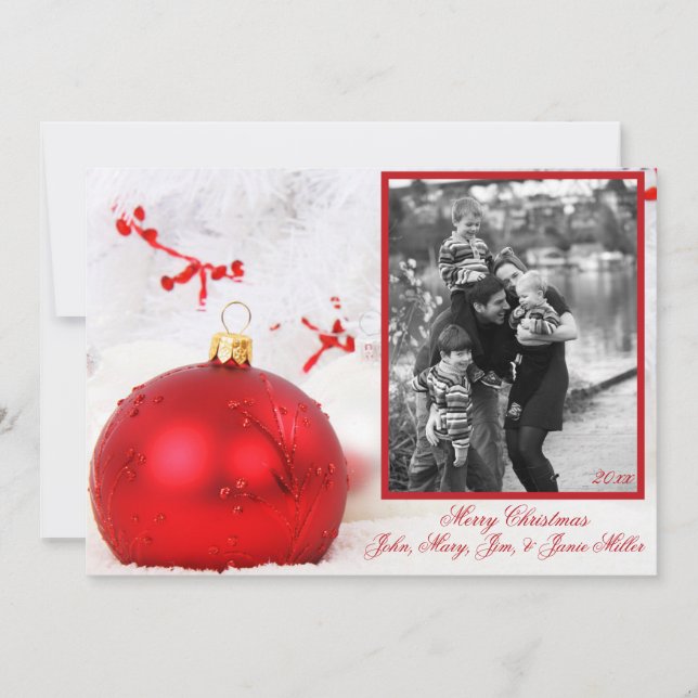 Red Ornament White Träd-fotokort Julkort (Framsida)