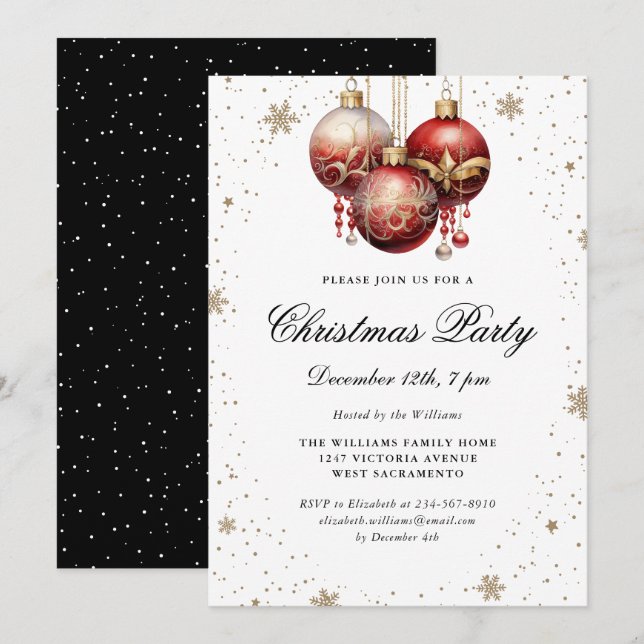 Red Ornaments Elegant Black Guld jul Party Inbjudningar (Fram/baksida)