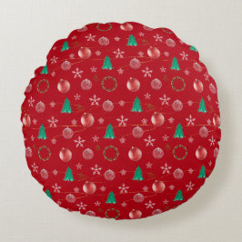 Red Ornaments & Watercolor Pines Christmas Rund Kudde