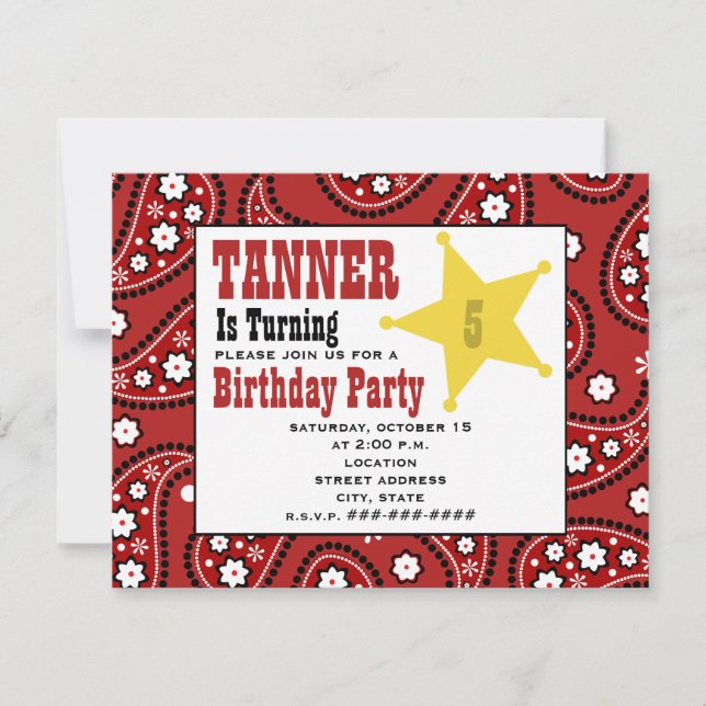 Red Paisley Bandana Kids Cowboy Birthday Inbjudan (Framsida)