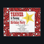 Red Paisley Bandana Kids Cowboy Birthday Inbjudan<br><div class="desc">Ett westernare temat födelsedagsfest inbjudan med en röd paisley bandana inspirerade paisley mönster på framsidan och baksidan.  Främre funktioner som illustrerar stjärnformade märken.  Anpassa texten med information om tillfälle.</div>