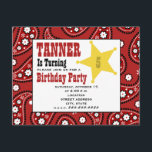 Red Paisley Bandana Kids Cowboy Birthday Inbjudan<br><div class="desc">Ett westernare temat födelsedagsfest inbjudan med en röd paisley bandana inspirerade paisley mönster på framsidan och baksidan.  Främre funktioner som illustrerar stjärnformade märken.  Anpassa texten med information om tillfälle.</div>
