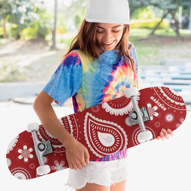 Red Paisley Blommigt Anpassningsbar Personlig Namn Mini Skateboard Bräda 18,5 Cm (Skapare uppladdad)