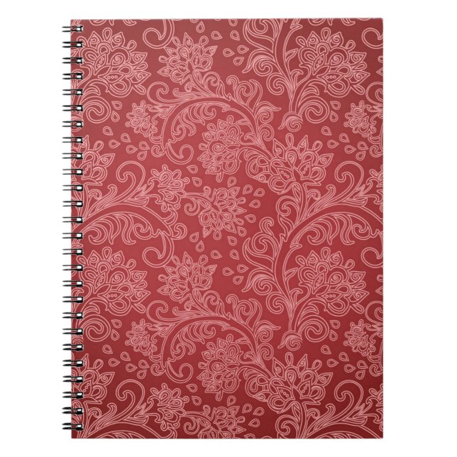 Red Paisley Damask Designer Blommigt Classic Anteckningsbok Med Spiral (Framsidan)