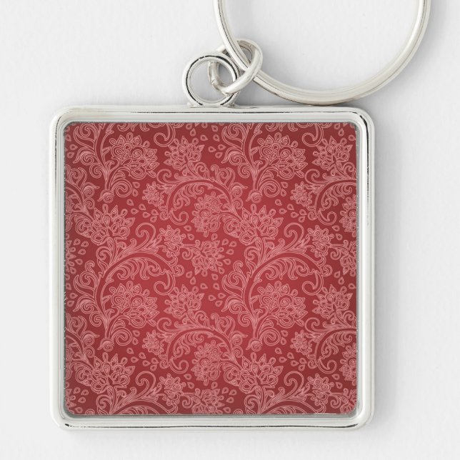 Red Paisley Damask Designer Blommigt Classic Fyrkantig Silverfärgad Nyckelring (Framsidan)