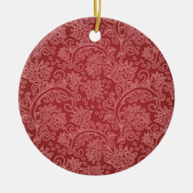 Red Paisley Damask Designer Blommigt Classic Julgransprydnad Keramik (Framsidan)