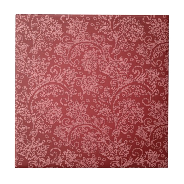 Red Paisley Damask Designer Blommigt Classic Kakelplatta (Framsidan)