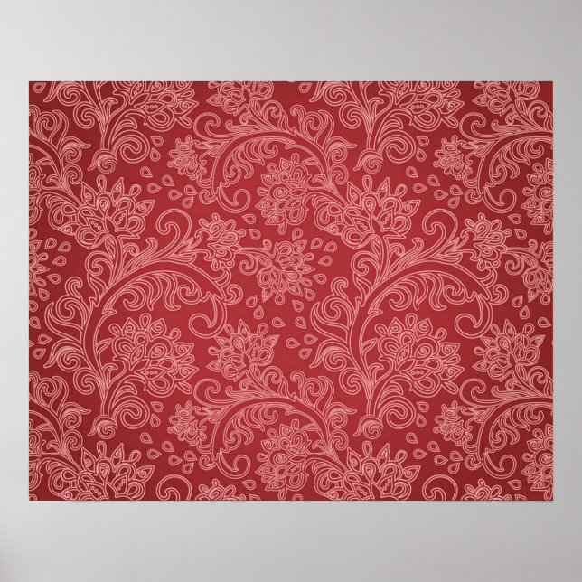 Red Paisley Damask Designer Blommigt Classic Poster (Framsidan)