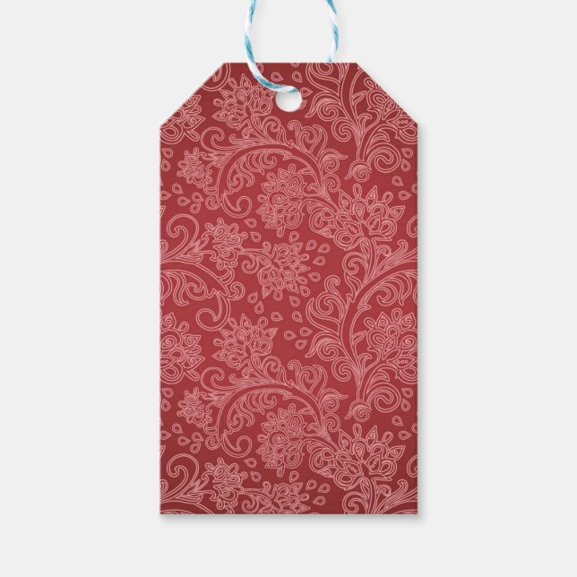 Red Paisley Damask Designer Blommigt Classic Presentetikett (Framsidan)