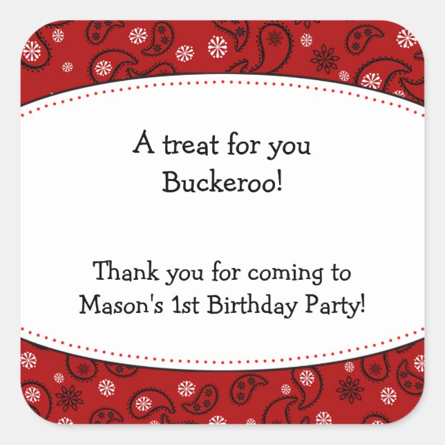 Red Paisley Favor Sticker Cowboys Western etikett (Framsida)