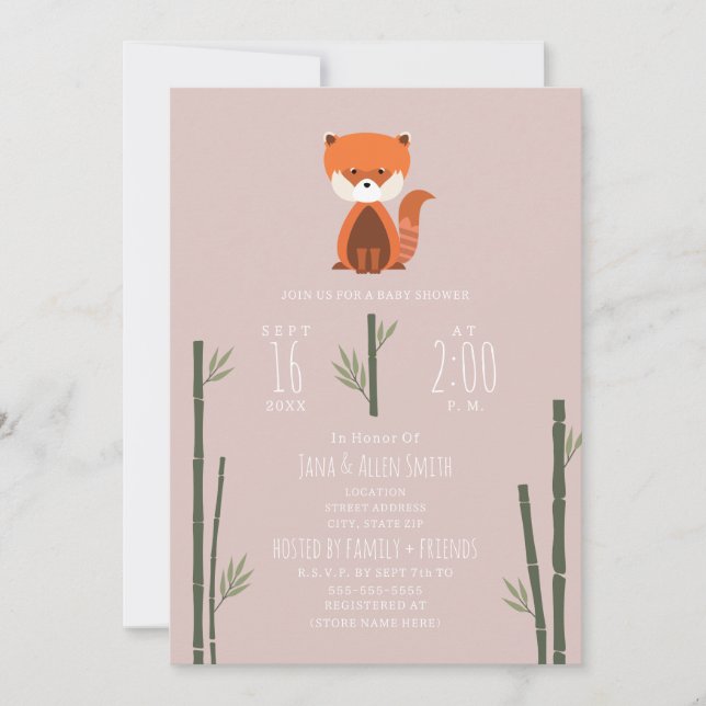 Red Panda Bamboo Rosa Girl Baby Shower Inbjudningar (Framsida)
