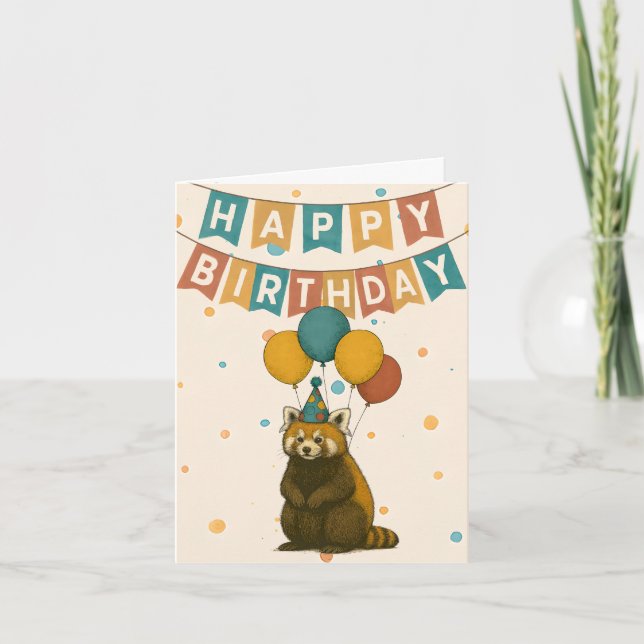 Red Panda Birday Card - Cute Party Animal Kort (Framsida)