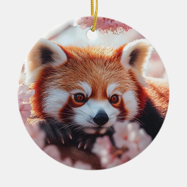 Red Panda Bland Cherry-Blommar Julgransprydnad Keramik (Framsidan)