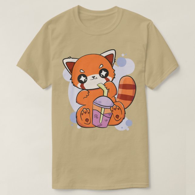 Red Panda Boba Cute Anime Kawaii Pearl Bubble Tea T Shirt (Design framsida)