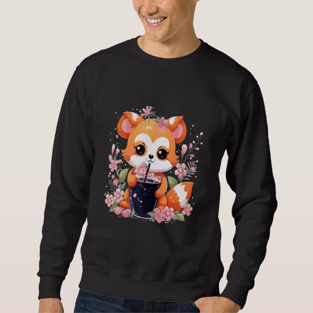 Red Panda Drinks Boba Tea Bubble Cherry Blommar Lång Ärmad Tröja (Framsida)