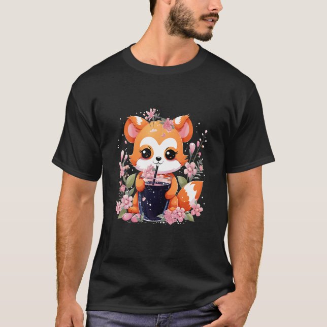 Red Panda Drinks Boba Tea Bubble Cherry Blommar T Shirt (Framsida)