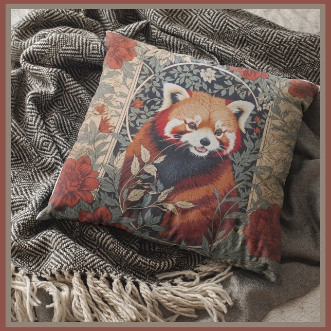 Red Panda Elegant William Morris Inspired Blommigt Kudde (Skapare uppladdad)