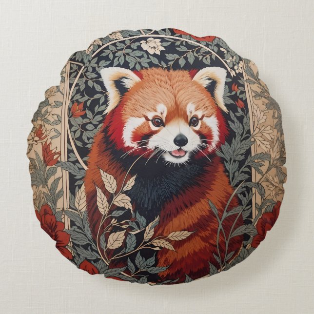 Red Panda Elegant William Morris Inspired Blommigt Rund Kudde (Framsidan)