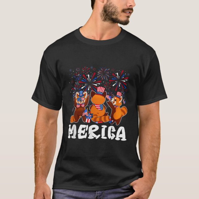 Red Panda Fireworks Sunglasses Merica 4:e juli T Shirt (Framsida)