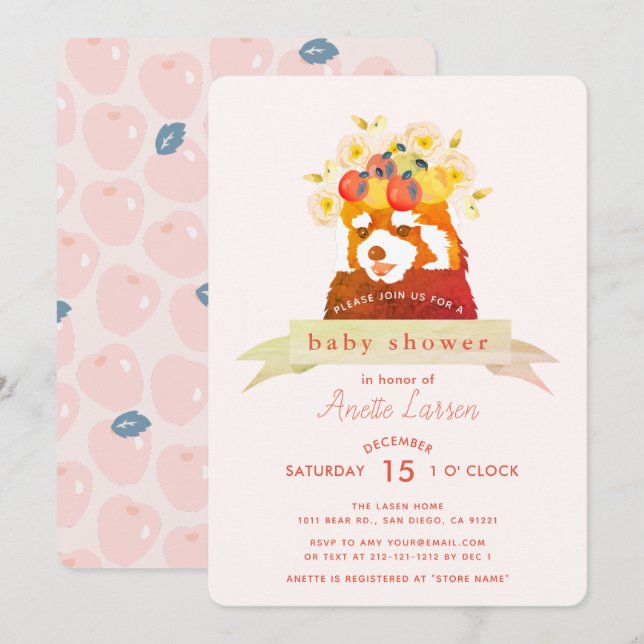 Red Panda Flower Krona Girl Baby Shower-inbjudan Inbjudningar (Fram/baksida)