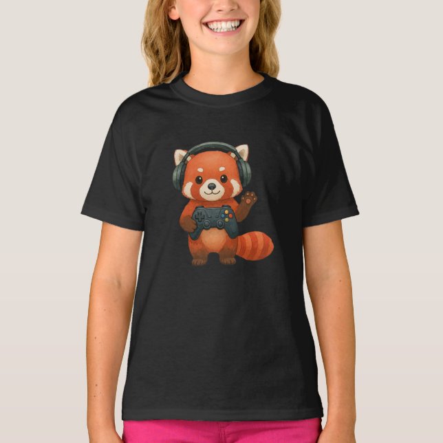 Red Panda Gamer, spelkontroll och hörlurar T Shirt (Framsida)