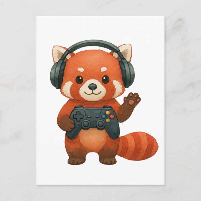 Red Panda Gamer, spelkontroll och hörlurar Vykort (Framsida)