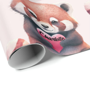 Red Panda Heart Watercolor Add Namn Cute Presentpapper
