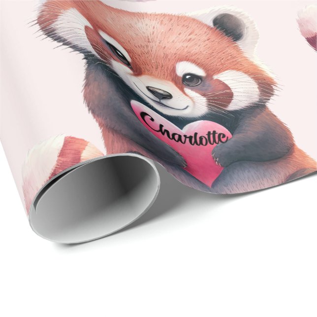 Red Panda Heart Watercolor Add Namn Cute Presentpapper (Rullad Hörn)