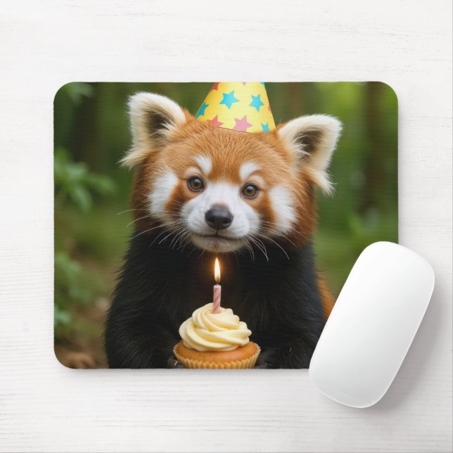 Red Panda Holding a Birthday Cuptårta Musmatta (Med mus)