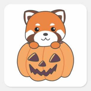 Red Panda in Pumpkin Cute Pandas Happy halloween Fyrkantigt Klistermärke