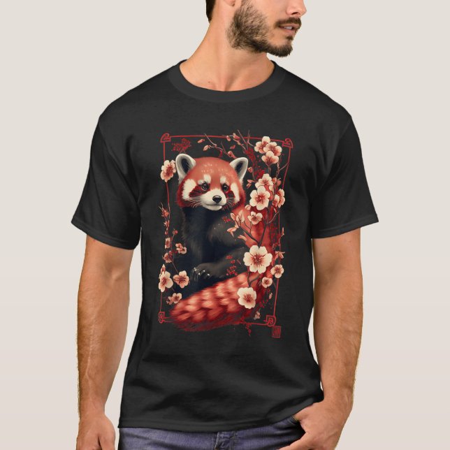 Red Panda Japanese Cherry Blossom Flower T Shirt (Framsida)